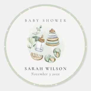 Sticker Rond Cute Nursery Essential Baby shower vert feuille