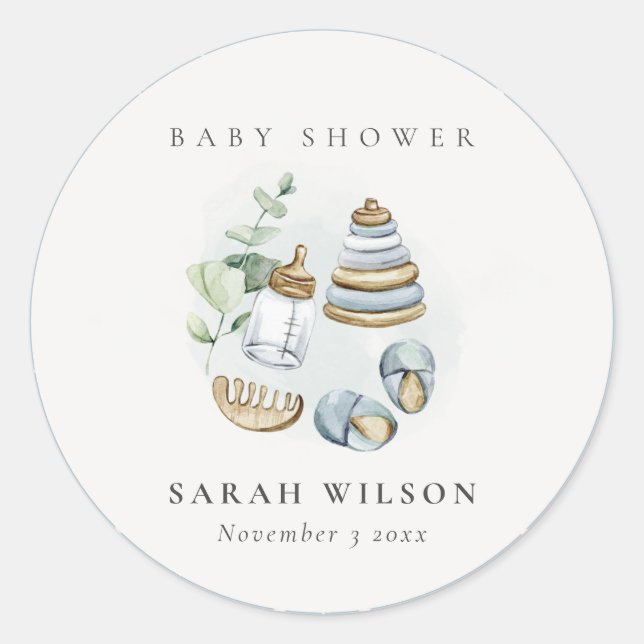 Sticker Rond Cute Nursery Essential Leafy Blue Boy Baby shower (Devant)