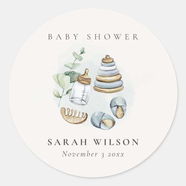 Sticker Rond Cute Nursery Essential Leafy Blue Boy Baby shower (Devant)