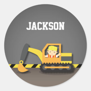 Sticker Rond Cute Orange Excavator Construction Builder Garçon