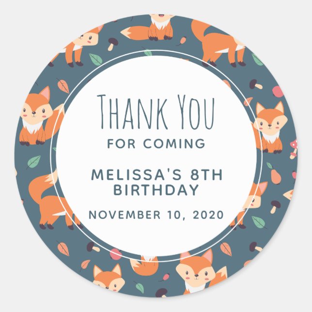Sticker Rond Cute Orange Fox Animal Motif Anniversaire Merci (Devant)