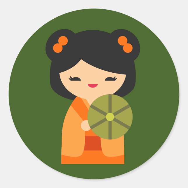 Sticker Rond Cute orange Kokeshi poupées japonaises (Devant)
