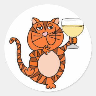 Sticker Rond Cute Orange Tabby Chat Boire Vin Cartoon
