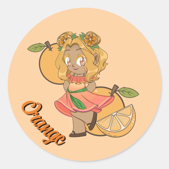 Sticker Rond Cute Orange Theme Chibi with Oranges (Devant)