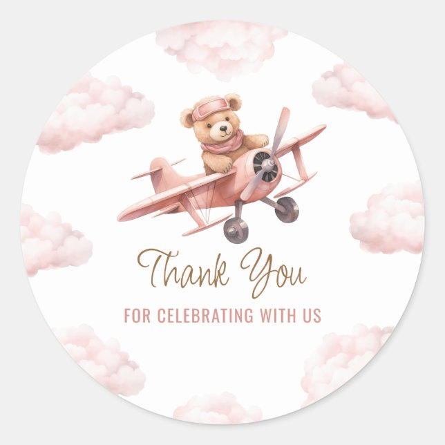 Sticker Rond Cute Ours avion rose fille Merci Baby shower (Devant)