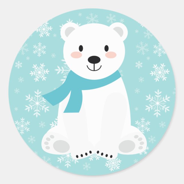 Sticker Rond Cute Ours Polaire Hiver Flacon de neige Turquoise (Devant)