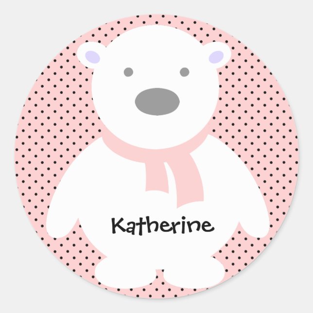 Sticker Rond Cute Ours Polaire sur Rose, Ajouter un nom (Devant)