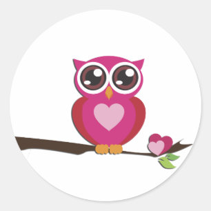 Sticker Rond Cute Owl Love Hearts Girly Retro