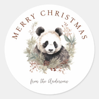 Sticker Rond Cute Panda Bear Rustique chic botaniques de Noël