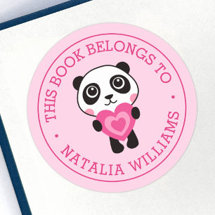 Sticker Rond Cute panda ce livre appartient au nom de l'école p