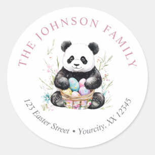 Sticker Rond Cute panda Easter aquarelle fleurie adresse de ret