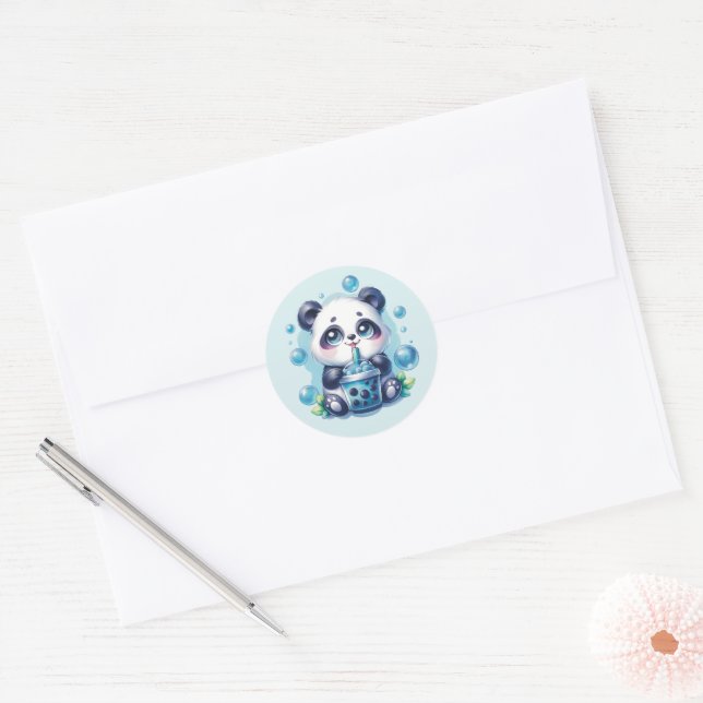 Sticker Rond Cute Panda et Blue Boba Bubble Tea (Enveloppe)