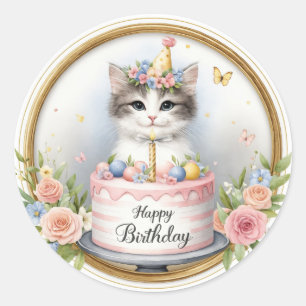 Sticker Rond Cute Pastel Kitten Gâteau d'anniversaire - Anniver