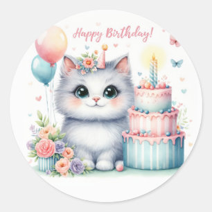 Sticker Rond Cute Pastel Kitten Gâteau d'anniversaire - Anniver