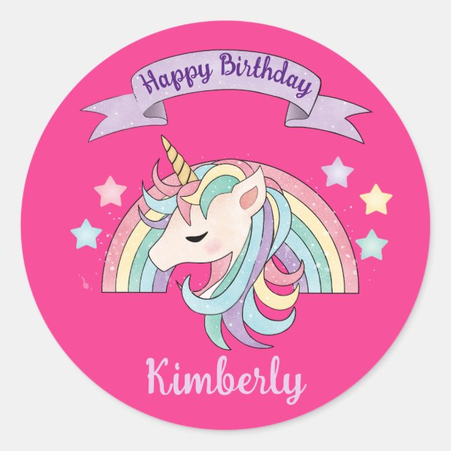 Sticker Rond Cute Pastel Unicorn & Sparkly Rainbow sur Hot Rose (Devant)