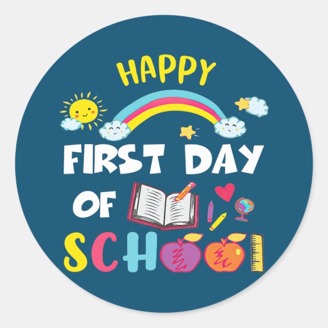 Sticker Rond Cute Pencil Joyeux Premier Jour de l'école Déjeune (Devant)