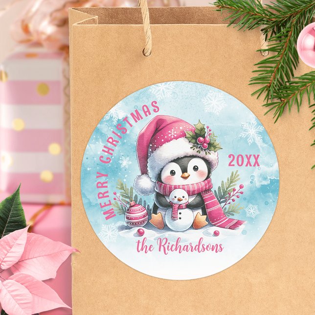 Sticker Rond Cute Penguin bleu et rose Personnalisé Joyeux Noël (Créateur téléchargé)
