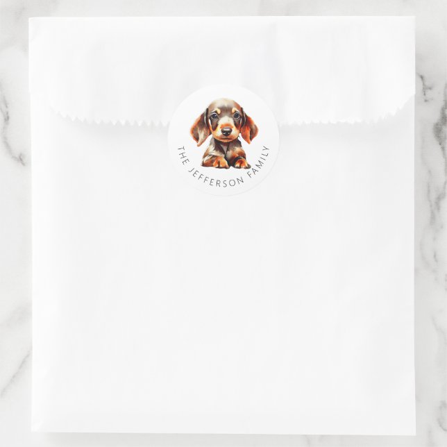Sticker Rond Cute Pet Dachshund Nom de famille personnalisé (Sac)