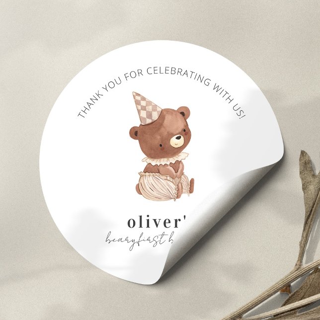 Sticker Rond Cute Petit Ours Moderne 1er Anniversaire Merci (Créateur téléchargé)