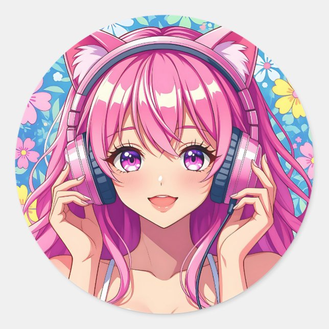 Sticker Rond Cute Pink Anime Girl with Headphones (Devant)