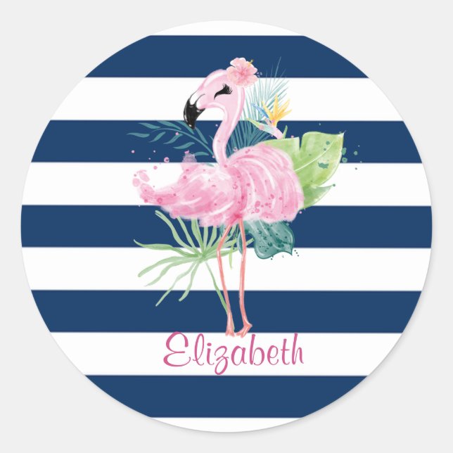 Sticker Rond Cute Pink Flamingos Tropical Leaf, Striped (Devant)