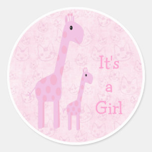 Sticker Rond Cute Pink Giraffes & Cats Its A Girl New Baby