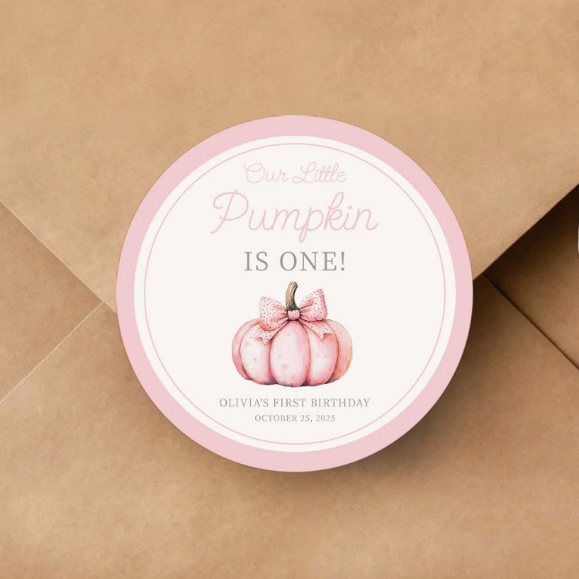 Sticker Rond Cute Pink Pumpkin Girl First Birthday (Cute Pink Pumpkin Girl First Birthday Classic Round Sticker)