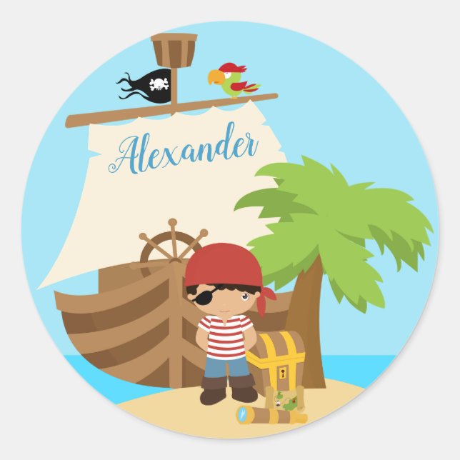 Sticker Rond Cute Pirate Boy & A Big Ship Custom (Devant)