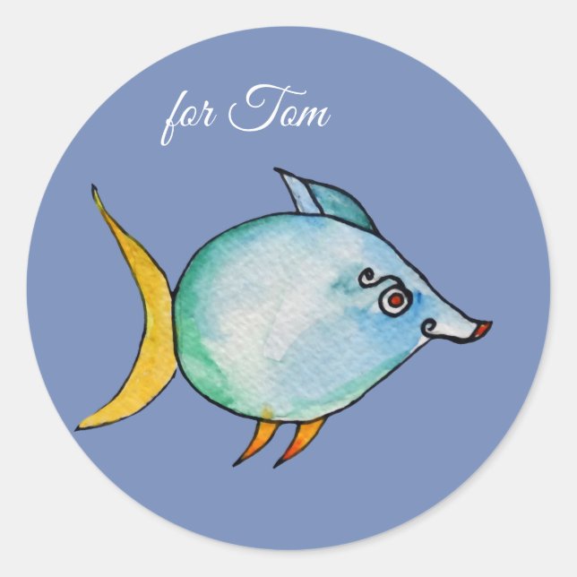 Sticker Rond Cute poisson bleu Nom personnalisé (Devant)