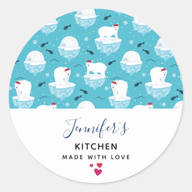 Sticker Rond Cute Polar ours dans Santa Hats Christmas Kitchen (Devant)