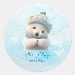 Sticker Rond Cute Polar Ours Hiver Bleu Baby shower Son Garçon