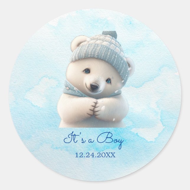 Sticker Rond Cute Polar Ours Hiver Bleu Baby shower Son Garçon (Devant)