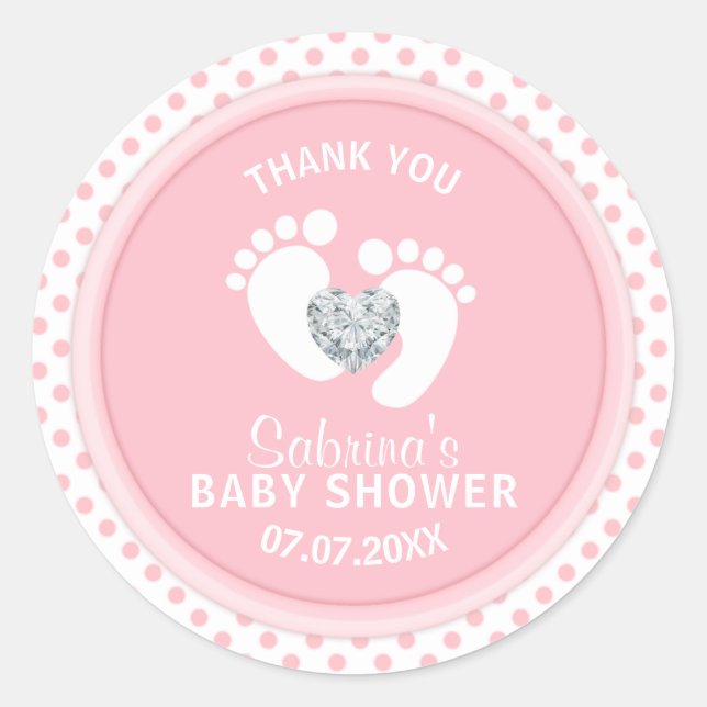 Sticker Rond Cute Polka Dot Rose Blanc Pieds Baby shower (Devant)