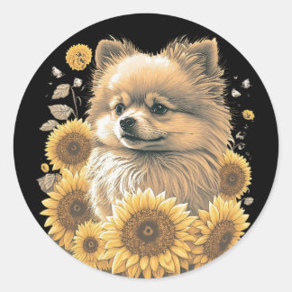 Sticker Rond Cute Poméranie Tournesol Lover Dessin