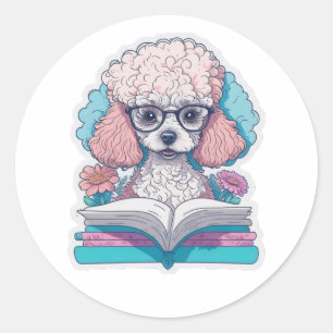 Sticker Rond Cute Poodle Lire Un Livre
