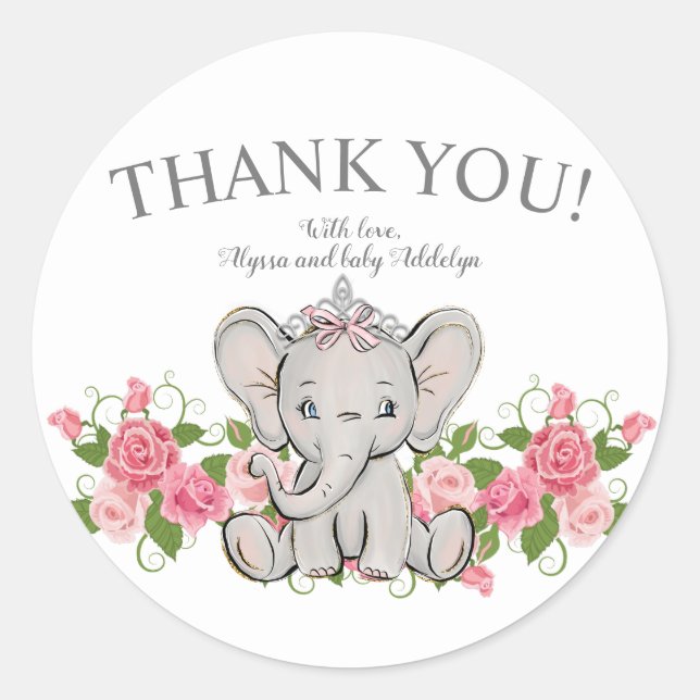 Sticker Rond Cute Princess Elephant Baby Girl Douche Merci (Devant)