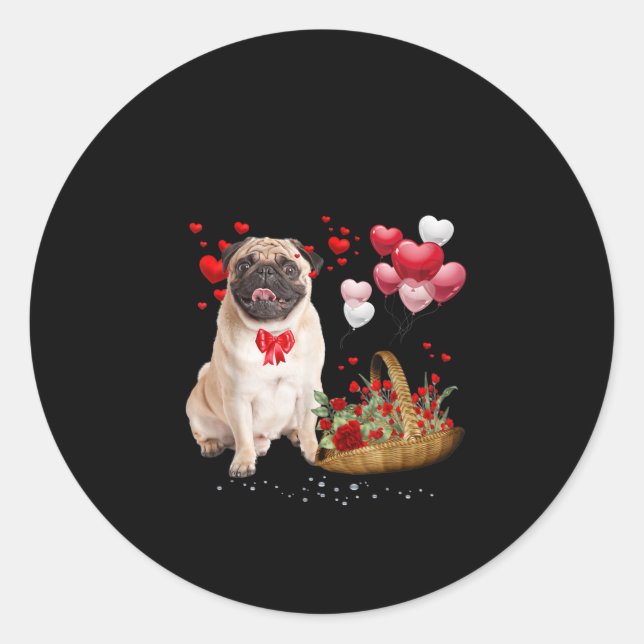 Sticker Rond Cute Pug Dog Balloon Heart Valentines Day (Devant)