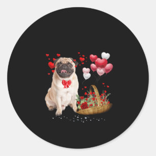 Sticker Rond Cute Pug Dog Balloon Heart Valentines Day