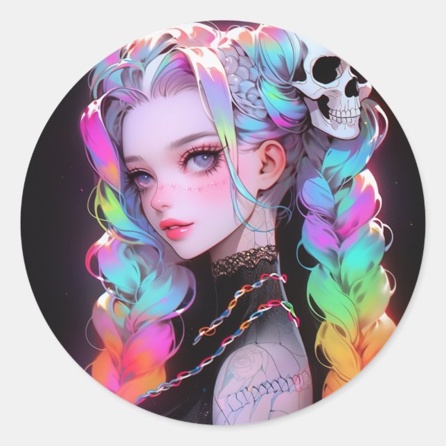 Sticker Rond Cute Punk Rock Skull Goth Rainbow Braid Anime Girl (Devant)