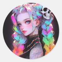 Cute Punk Rock Skull Goth Rainbow Braid Anime Girl