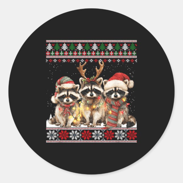 Sticker Rond Cute Raccoon Santa Christmas Lights Ugly Xmas Swea (Devant)