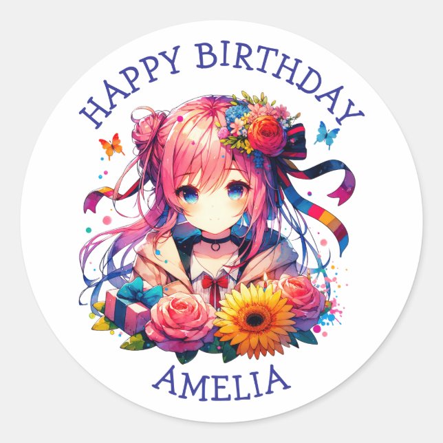 Sticker Rond Cute Rainbow Anime Girl Anniversaire Personnalisé (Devant)