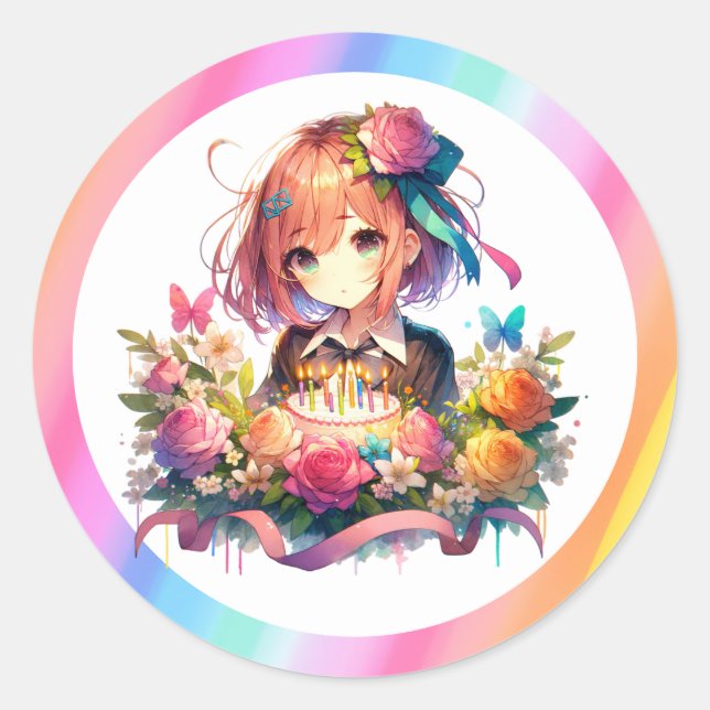 Sticker Rond Cute Rainbow Anime Girl Birthday Cake (Devant)