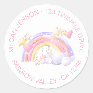 Sticker Rond Cute Rainbow Stars et Cloud Pink Return Adresse