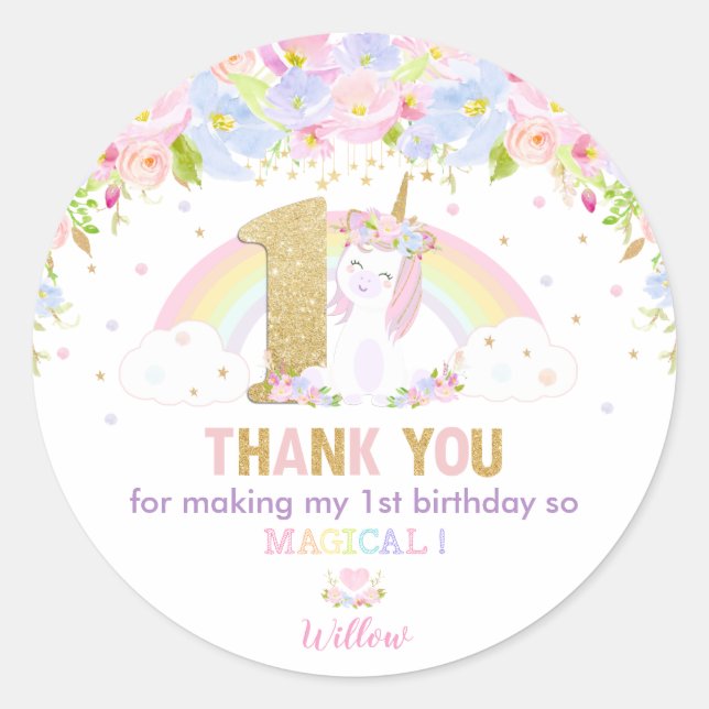 Sticker Rond Cute Rainbow Unicorn 1er anniversaire Merci Favori (Devant)
