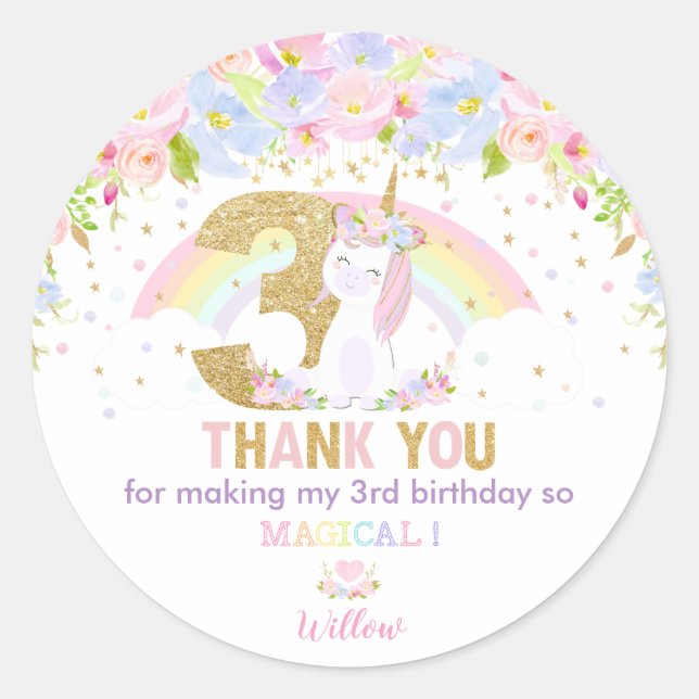 Sticker Rond Cute Rainbow Unicorn 3e anniversaire Merci Favoris (Devant)