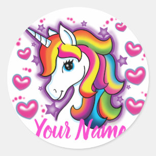 Sticker Rond Cute Rainbow Unicorn Horse avec étoiles Coeurs