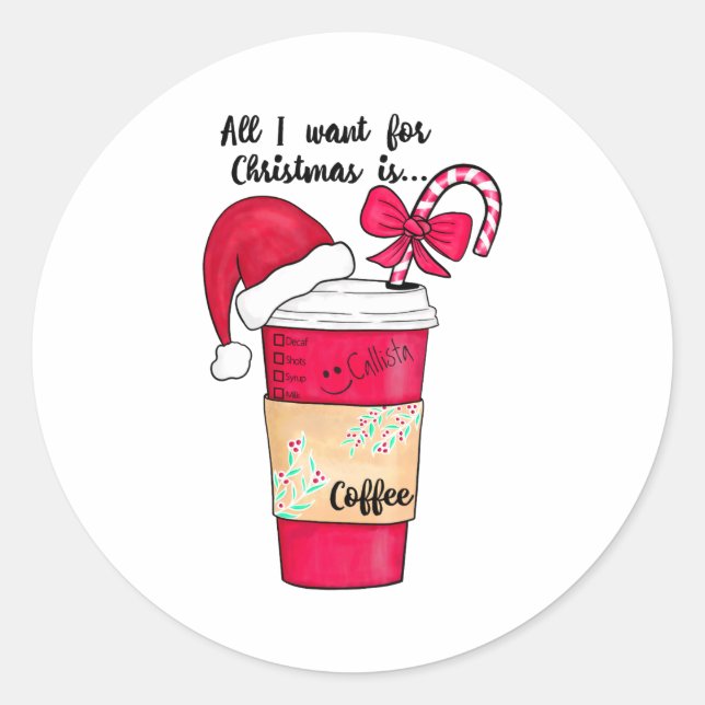 Sticker Rond Cute Red Santa Hat Coffee Candy Cane Christmas  (Devant)