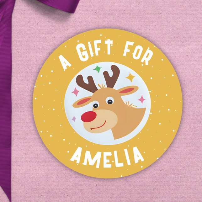 Sticker Rond Cute Reindeer Snowflakes Kid`s Name Christmas  (Créateur téléchargé)