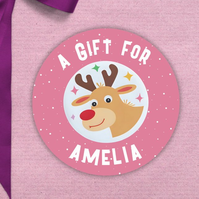 Sticker Rond Cute Reindeer Snowflakes Kid`s Name Christmas  (Créateur téléchargé)